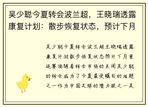 吴少聪今夏转会波兰超，王晓瑞透露康复计划：散步恢复状态，预计下月重返赛场